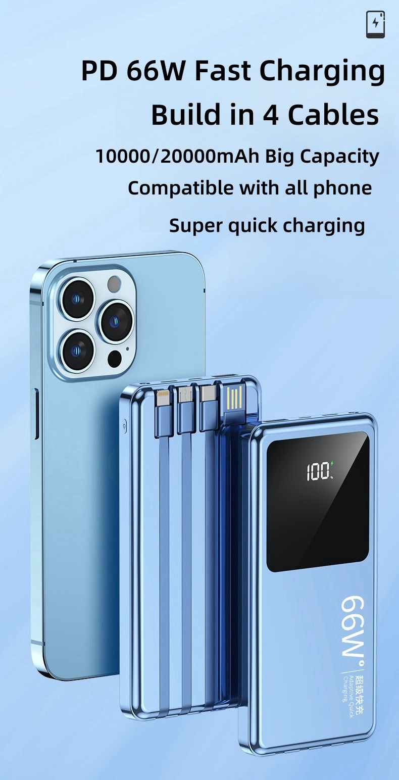 10000mah 20000mah Cell Phone Battery With Cables Watch Solar Small Mirror Power Portable Charger 3 In 1 Bank