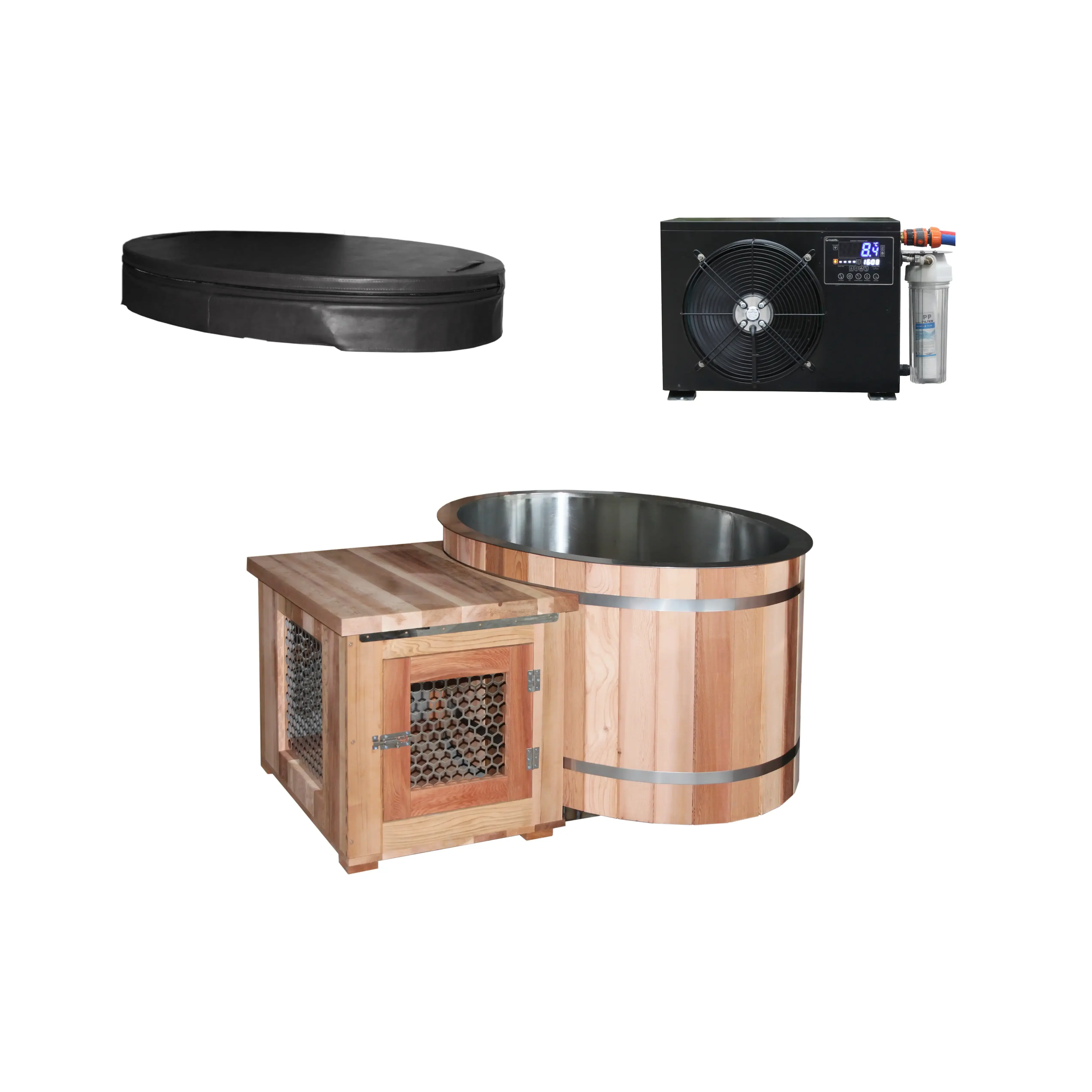 Wood Cold Plunge Oval Ice Plunge Tub Cold Bath Tub Water Chiller Tub With Stainless Steel Liner