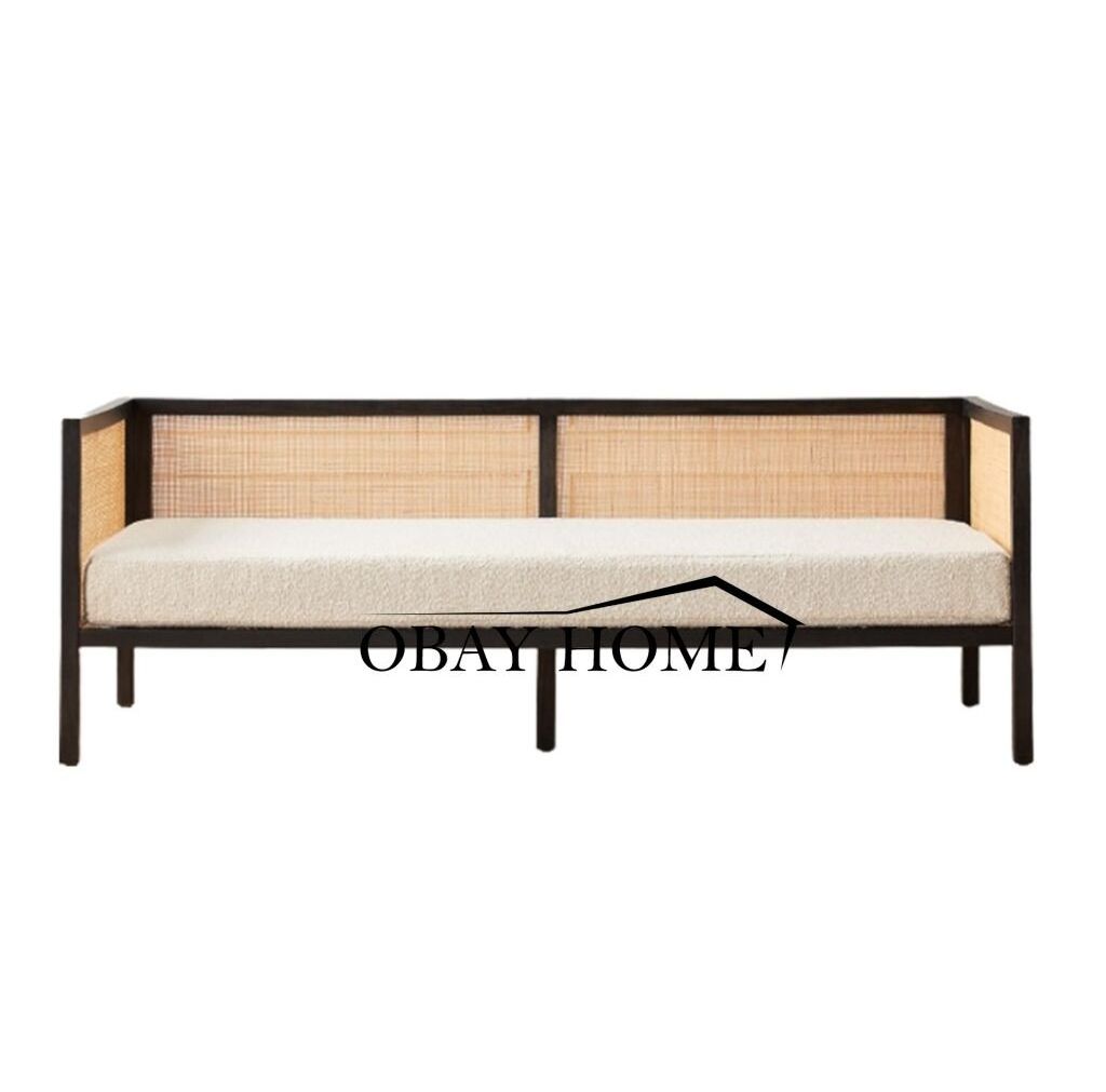 Novel design factory price wedding sofa country style wooden sofa with natural rattan and soft moveable boucle cushion