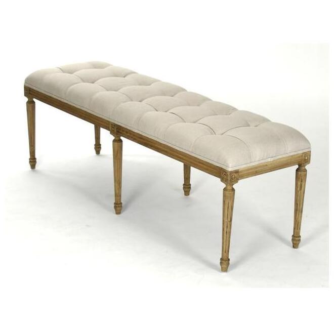 Rustic country style natural oak and linen bench, upholstery carved louis tufted wooden bench