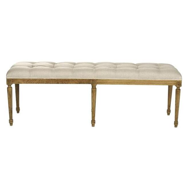 Rustic country style natural oak and linen bench, upholstery carved louis tufted wooden bench