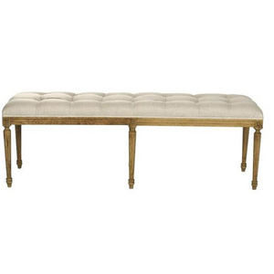 Rustic country style natural oak and linen bench, upholstery carved louis tufted wooden bench