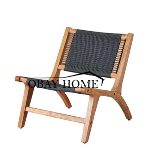 Wooden designer chair with woven rope weave decoration modern leisure recliner chair rustic wooden chair outdoor furniture