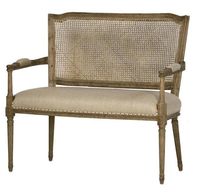 Antique style hand crafted solid oak frame nail head trim high back rattan back loveseat