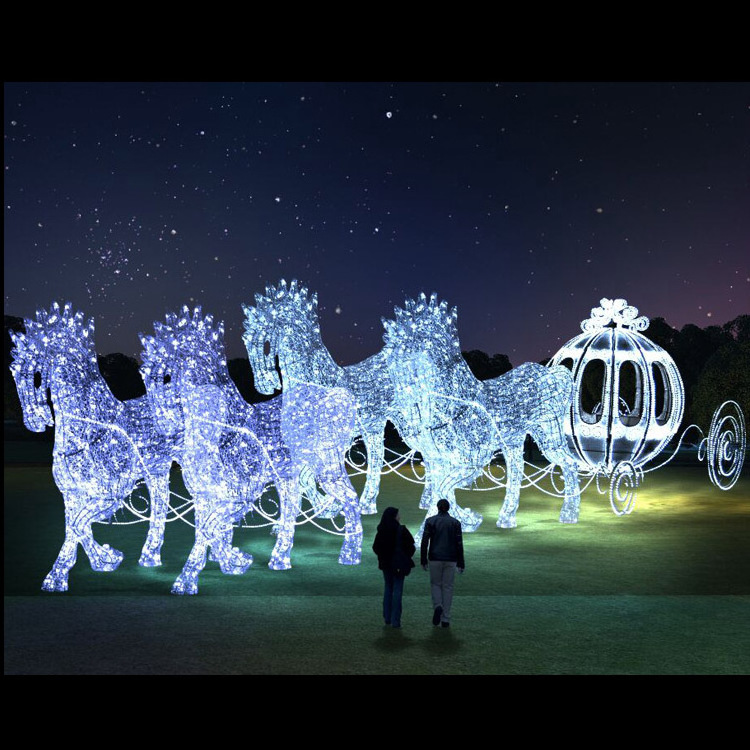 Outdoor Customized Iron Frame 3D Animal LED Horse Carriages/Santa Sleigh Motif Lights Holiday decorative Christmas Light