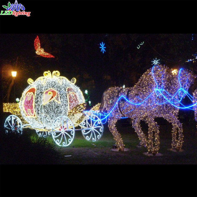 White flying horse pegasus motif LED sculpture 3D light outdoor christmas decorations, LED pumpkin carriage cart motif light