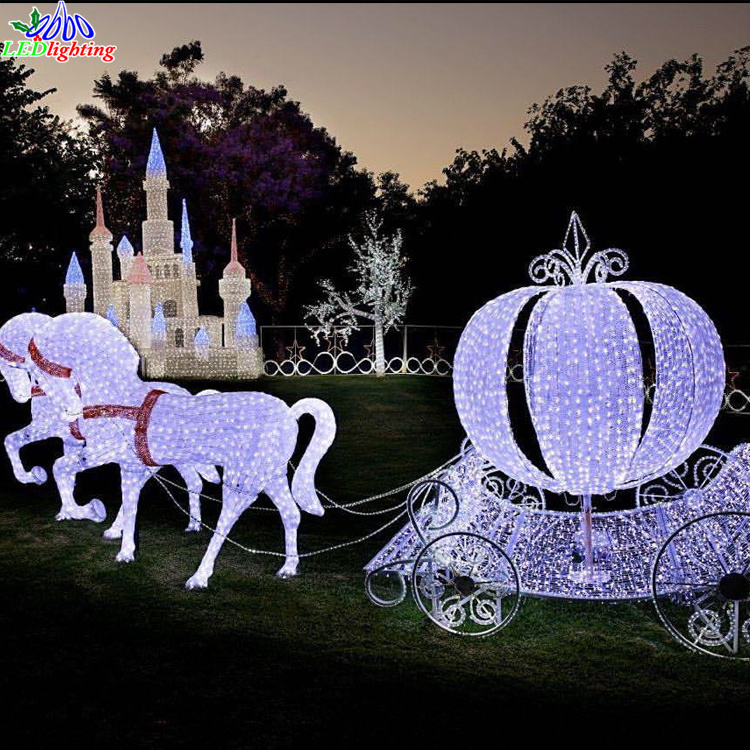 LED Lighted White Christmas Lihgt Cinderella Pumpkin Horse Carriage Lighted Motif Cinderelle Coach for Outdoor Christmas Lighted