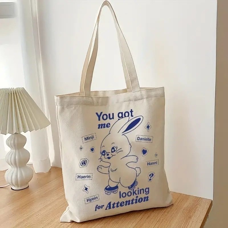 Bunny Pattern Beige Tote Bag Rabbit Canvas Handbag For Daily Commuting Kpop Shoulder Bag Gift