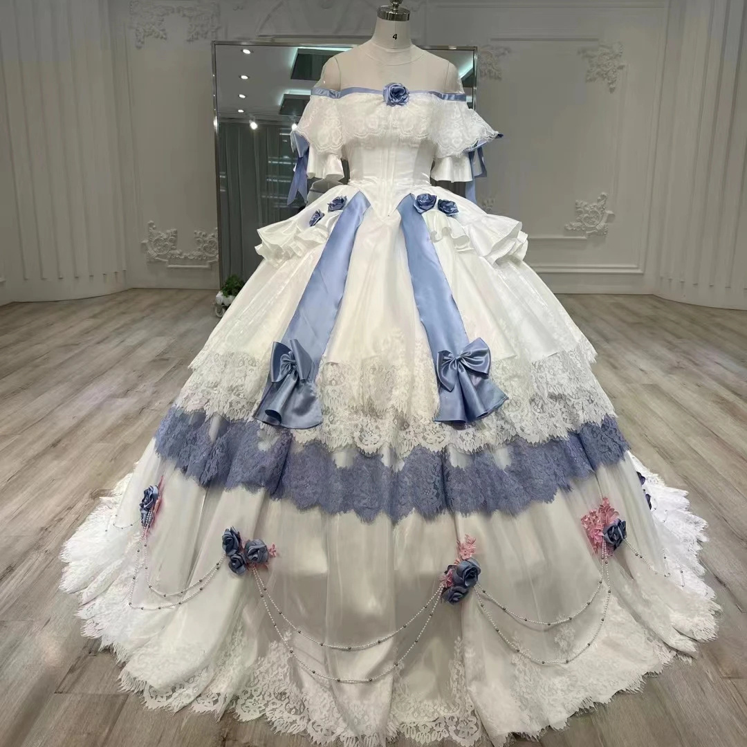 OBETTI LLH0071 Beautiful a line white and blue princess wedding dress bridal gown with butterfly