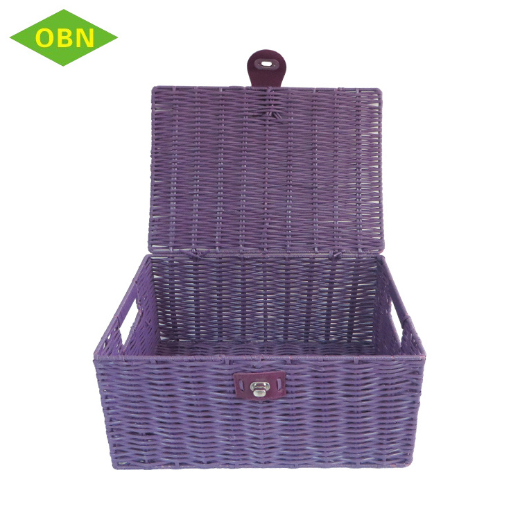 Household neatening purple PU locks small sundries rectangular organizer woven shallow PP storage basket with lid