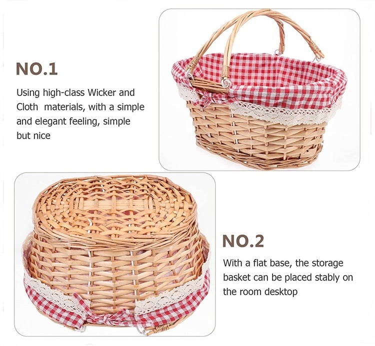 Large decorative natural empty oval wicker picnic basket with handle