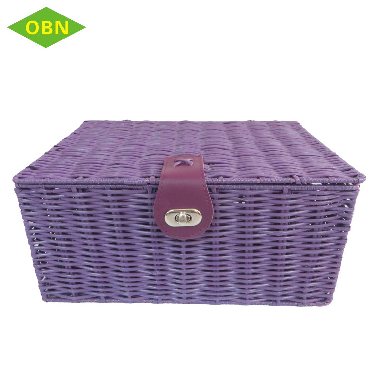 Household neatening purple PU locks small sundries rectangular organizer woven shallow PP storage basket with lid