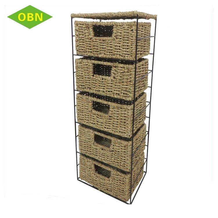 Customized classic home units organizer 5 tier natural craft straw seagrass drawers storage cabinets