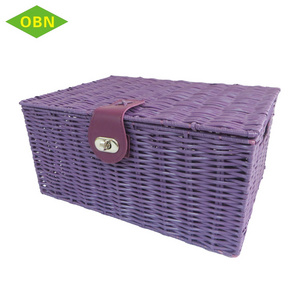 Household neatening purple PU locks small sundries rectangular organizer woven shallow PP storage basket with lid