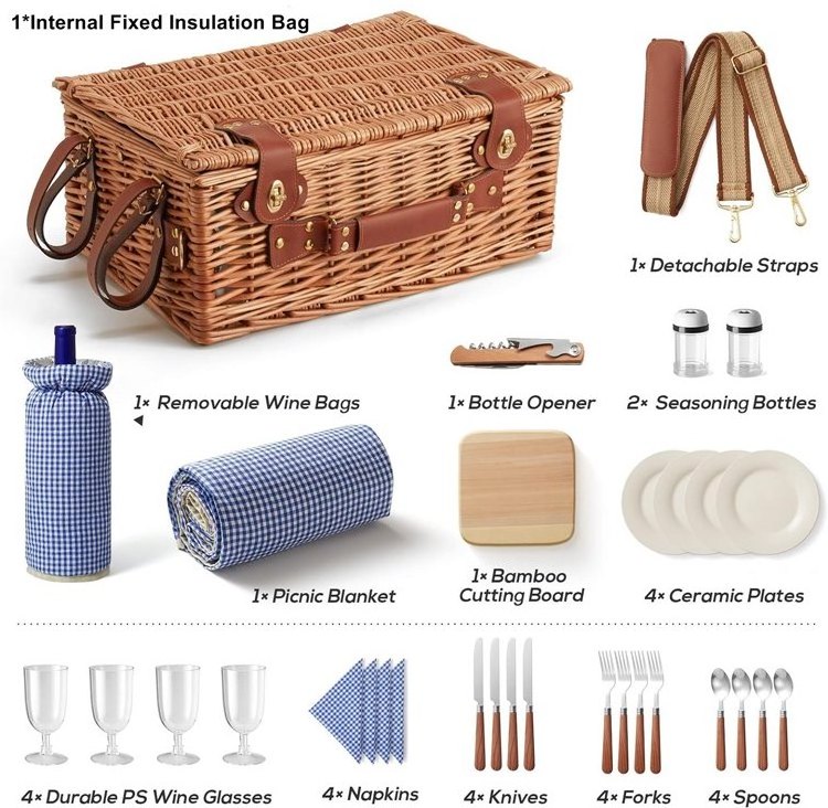 Family Camping Day Travel Beach BBQ Wicker Picnic Basket Set for 4 Person with Cooler Compartment and Waterproof Picnic Blanket