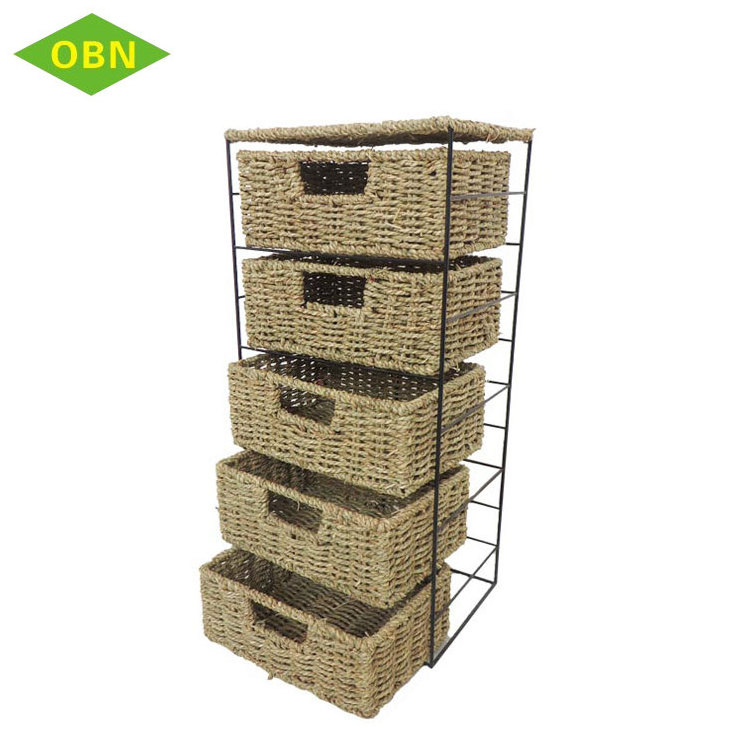 Customized classic home units organizer 5 tier natural craft straw seagrass drawers storage cabinets