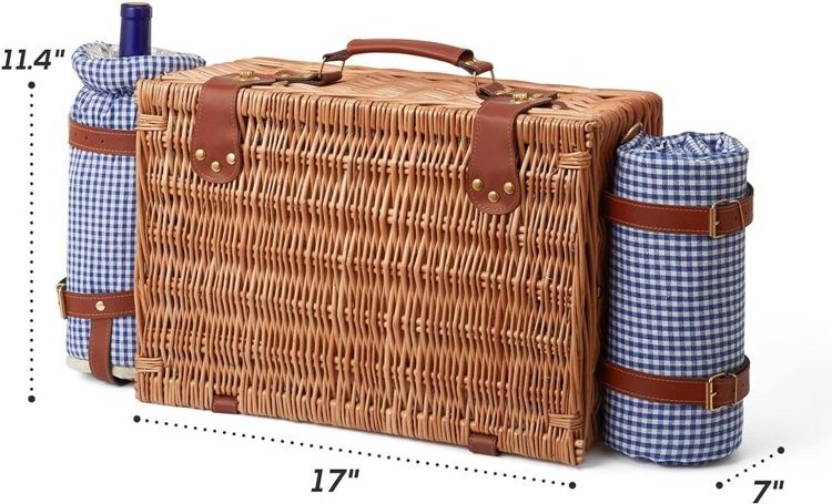 Family Camping Day Travel Beach BBQ Wicker Picnic Basket Set for 4 Person with Cooler Compartment and Waterproof Picnic Blanket