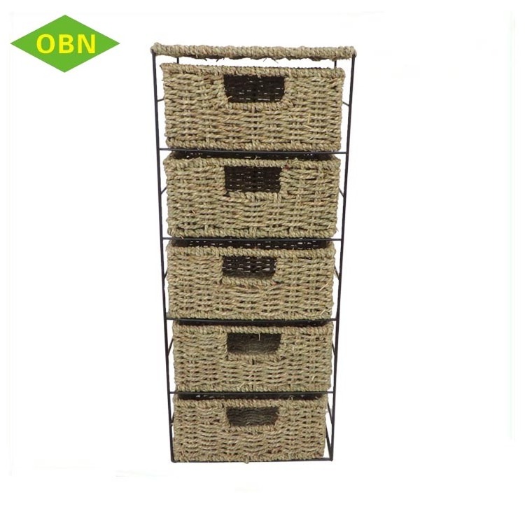 Customized classic home units organizer 5 tier natural craft straw seagrass drawers storage cabinets