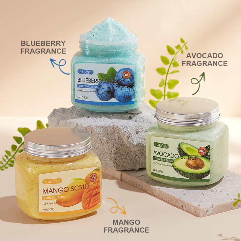 OEM SADOER private label Mango blueberry avocado fragrance lasting body Exfoliator skin care whitening moisturizing body scrub