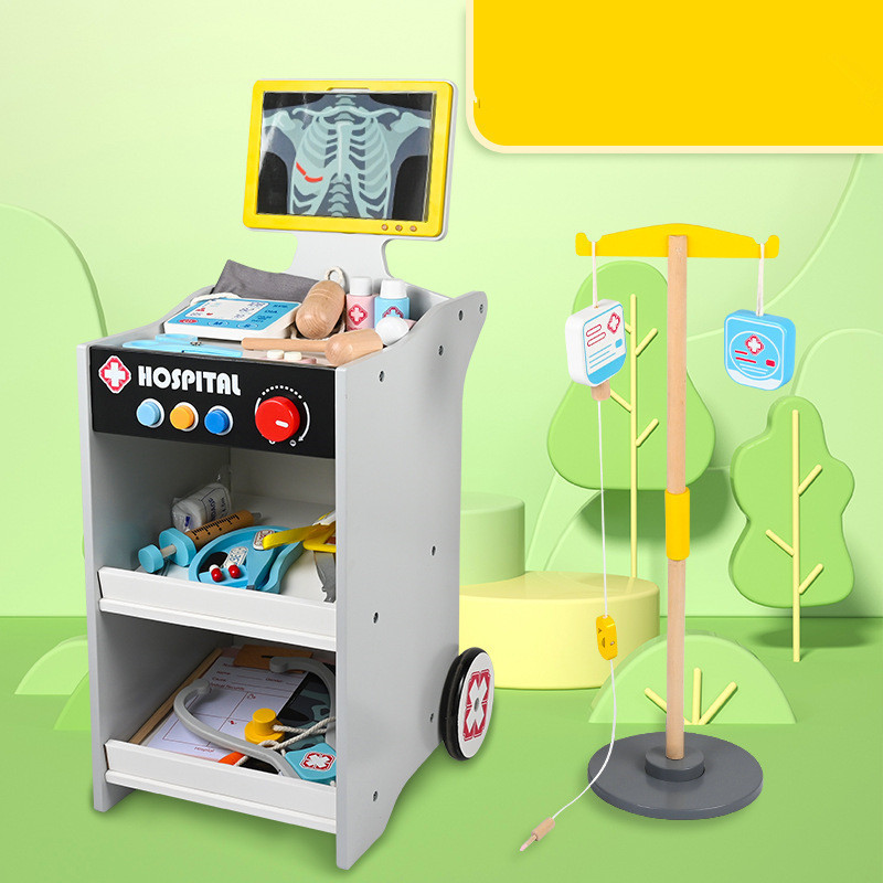 Child Simulated Medical Cart Tools Kids Role Play Wooden Medical Box Nurse Injection Toy Set