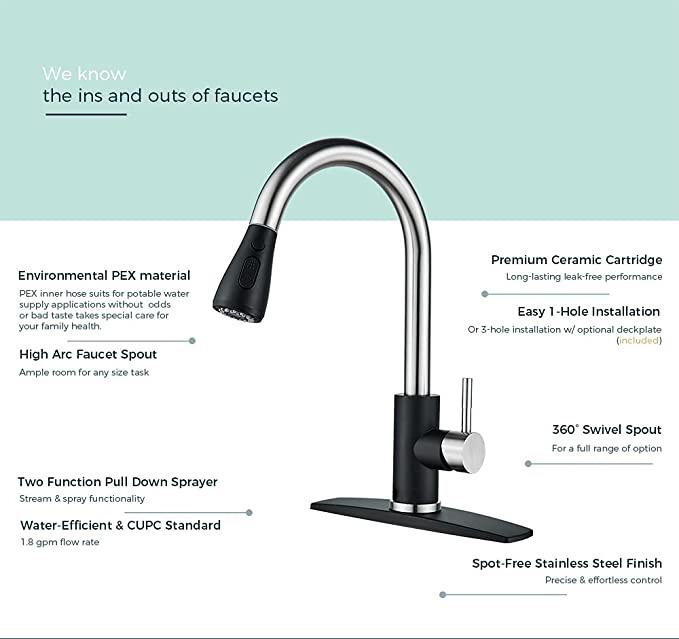 Kitchen Faucet with Pull Down Sprayer Black Chrome, High Arc Single Handle Kitchen Sink Faucet with Deck Plate, Commercial Model