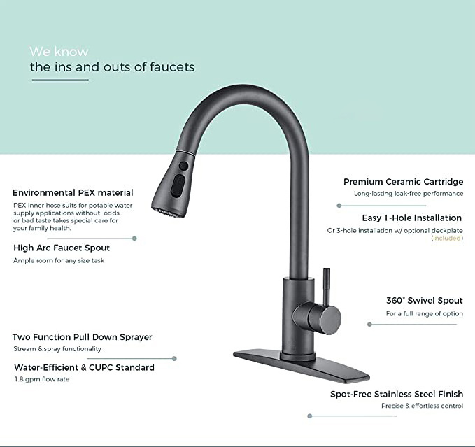 Gun Gray Kitchen Faucet with Pull Down Sprayer, High Arc Single Handle Tap Kitchen Sink Faucet with Deck Plate