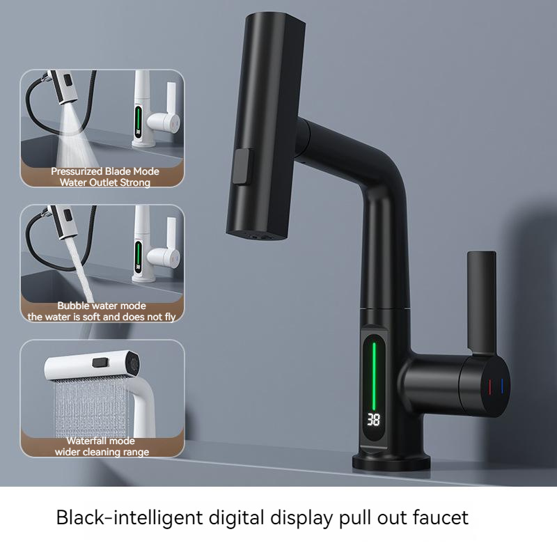 Digital Display Deck Mounted Sanitary Ware Single Handle Hot And Cold Water Brass Bathroom  Pull Out Hand Wash Basin Faucet