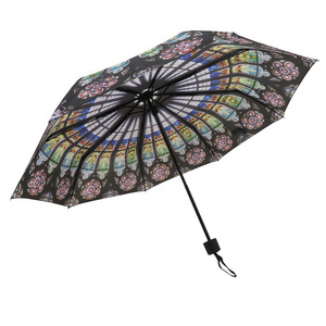 21 Inch 3 fold Manual Open&Close Stained Glass Windows Design Windproof Travel Umbrella Lightweight Lady Umbrella Digital Print