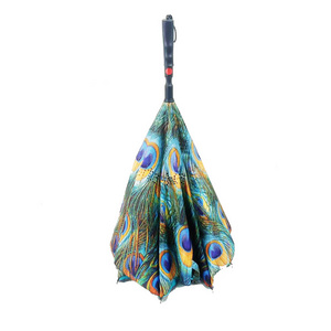 Frame Double Layer Peacock Umbrella Reverse Straight Umbrella Full Windproof Fiberglass Manu Open Customized Color Pongee Fabric