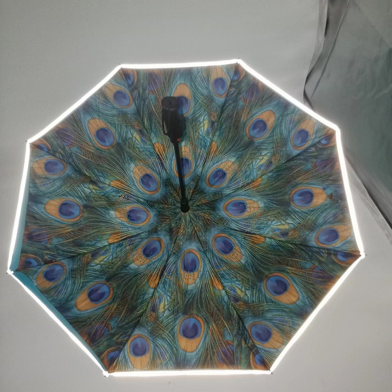 Frame Double Layer Peacock Umbrella Reverse Straight Umbrella Full Windproof Fiberglass Manu Open Customized Color Pongee Fabric