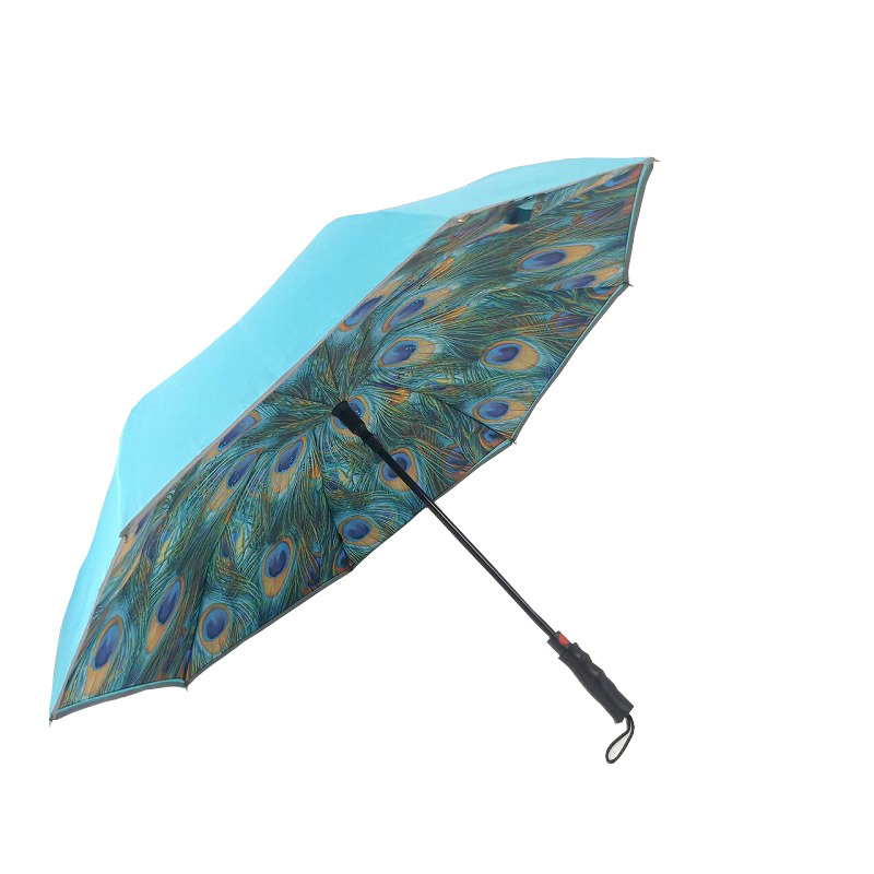 Frame Double Layer Peacock Umbrella Reverse Straight Umbrella Full Windproof Fiberglass Manu Open Customized Color Pongee Fabric