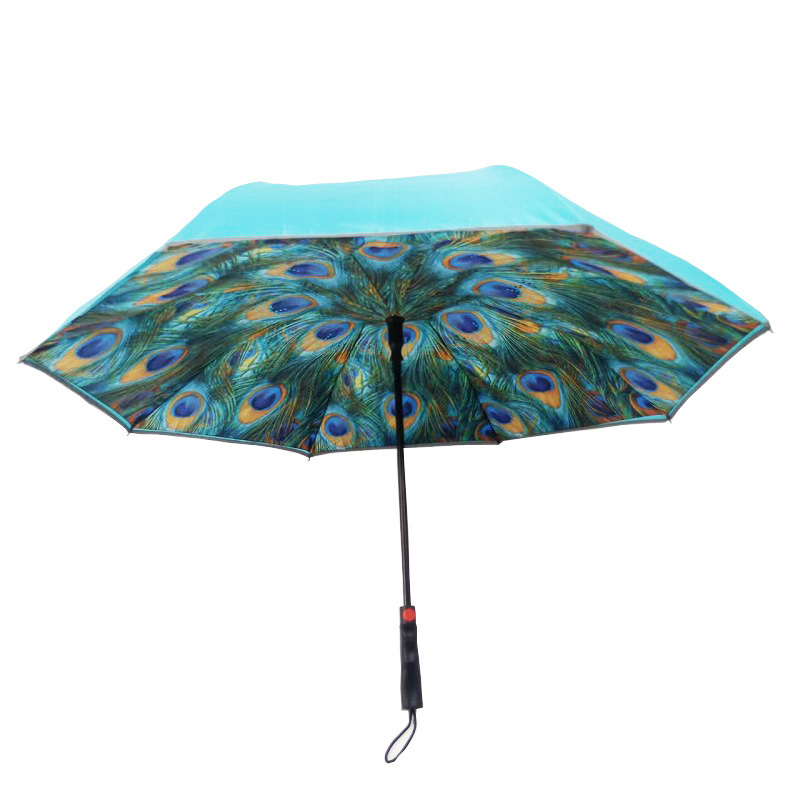 Frame Double Layer Peacock Umbrella Reverse Straight Umbrella Full Windproof Fiberglass Manu Open Customized Color Pongee Fabric