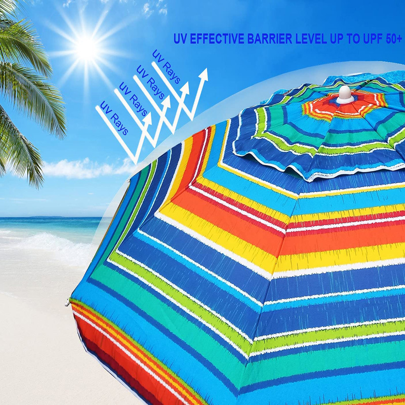 Beach Umbrella with Fringe Stripes Custom Design Printed Ricard Outdoor Manual Open & Close,all in 1 White Color Windproof Frame