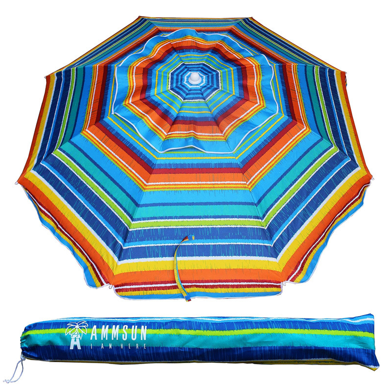 Beach Umbrella with Fringe Stripes Custom Design Printed Ricard Outdoor Manual Open & Close,all in 1 White Color Windproof Frame