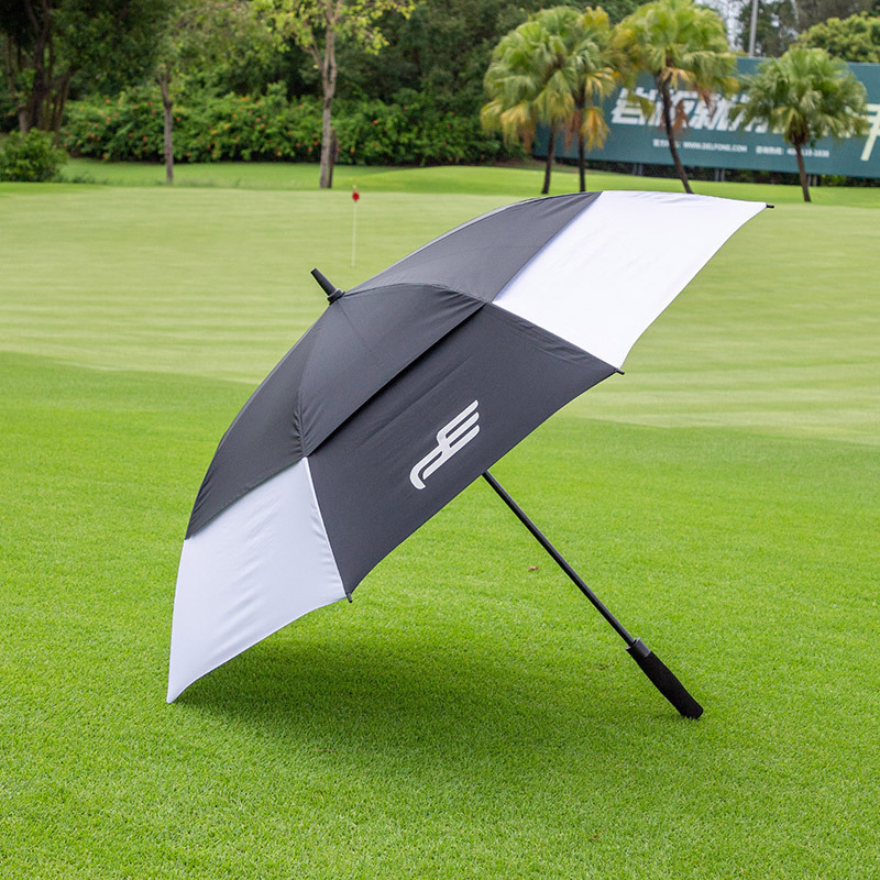 China Factory cheap straight golf umbrella windproof automatic plastic  handle double canopy golf umbrella logo