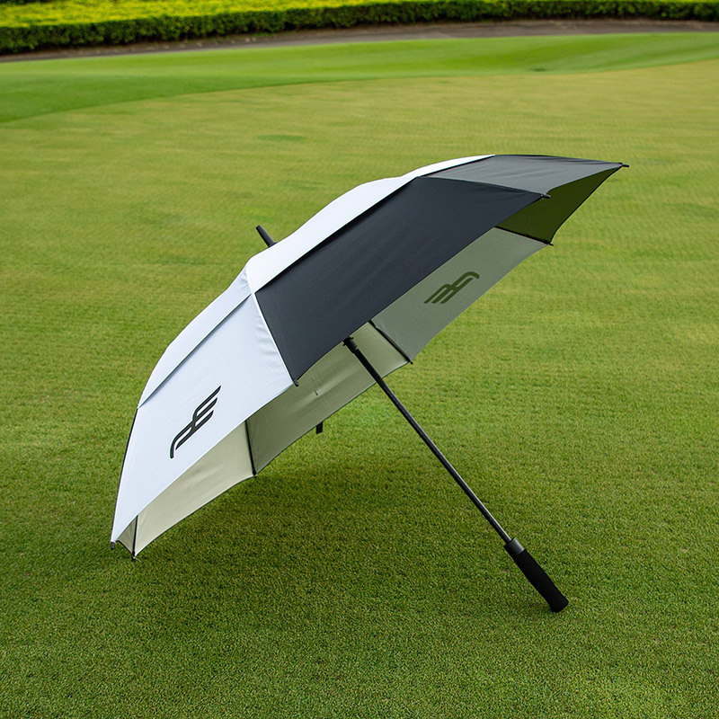 China Factory cheap straight golf umbrella windproof automatic plastic  handle double canopy golf umbrella logo