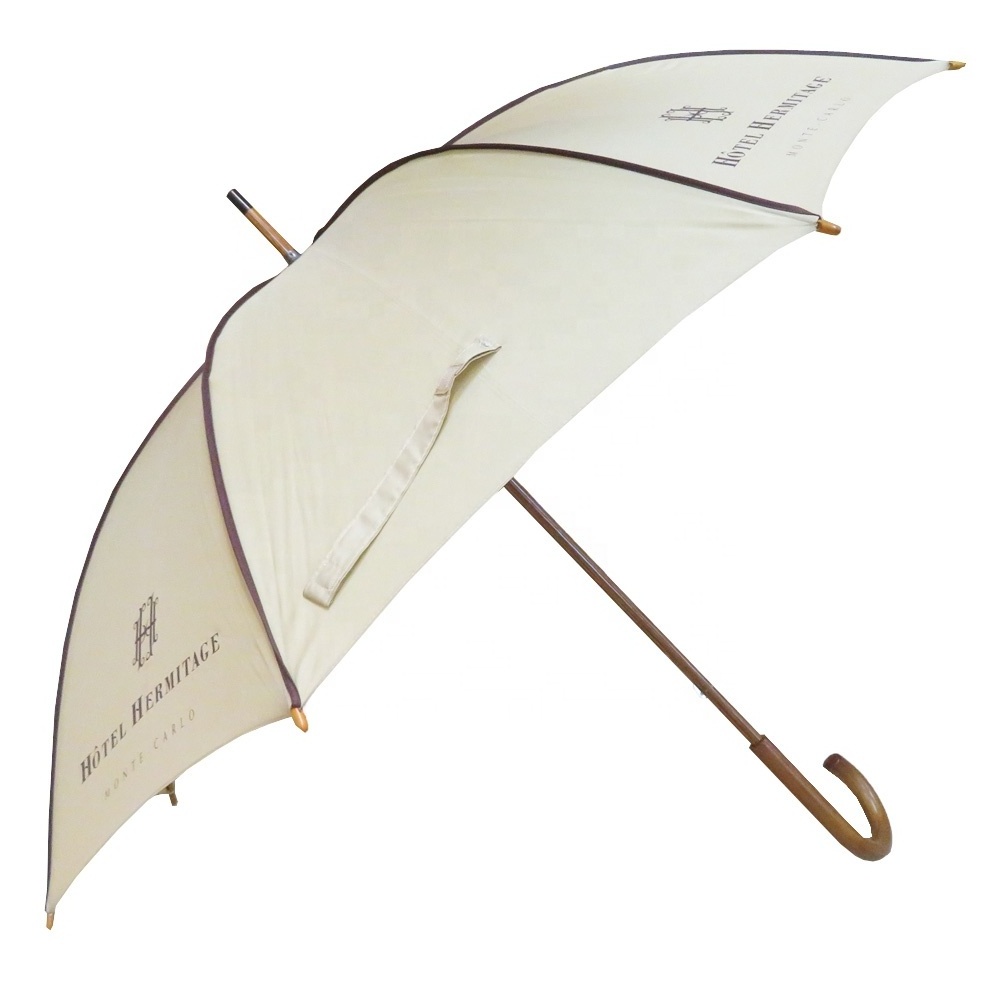 Wooden manual stick yellow logo print custom hotel promotion advertising umbrella custom logo prints