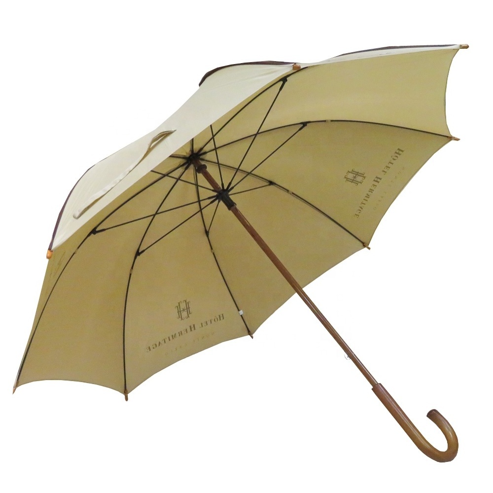 Wooden manual stick yellow logo print custom hotel promotion advertising umbrella custom logo prints