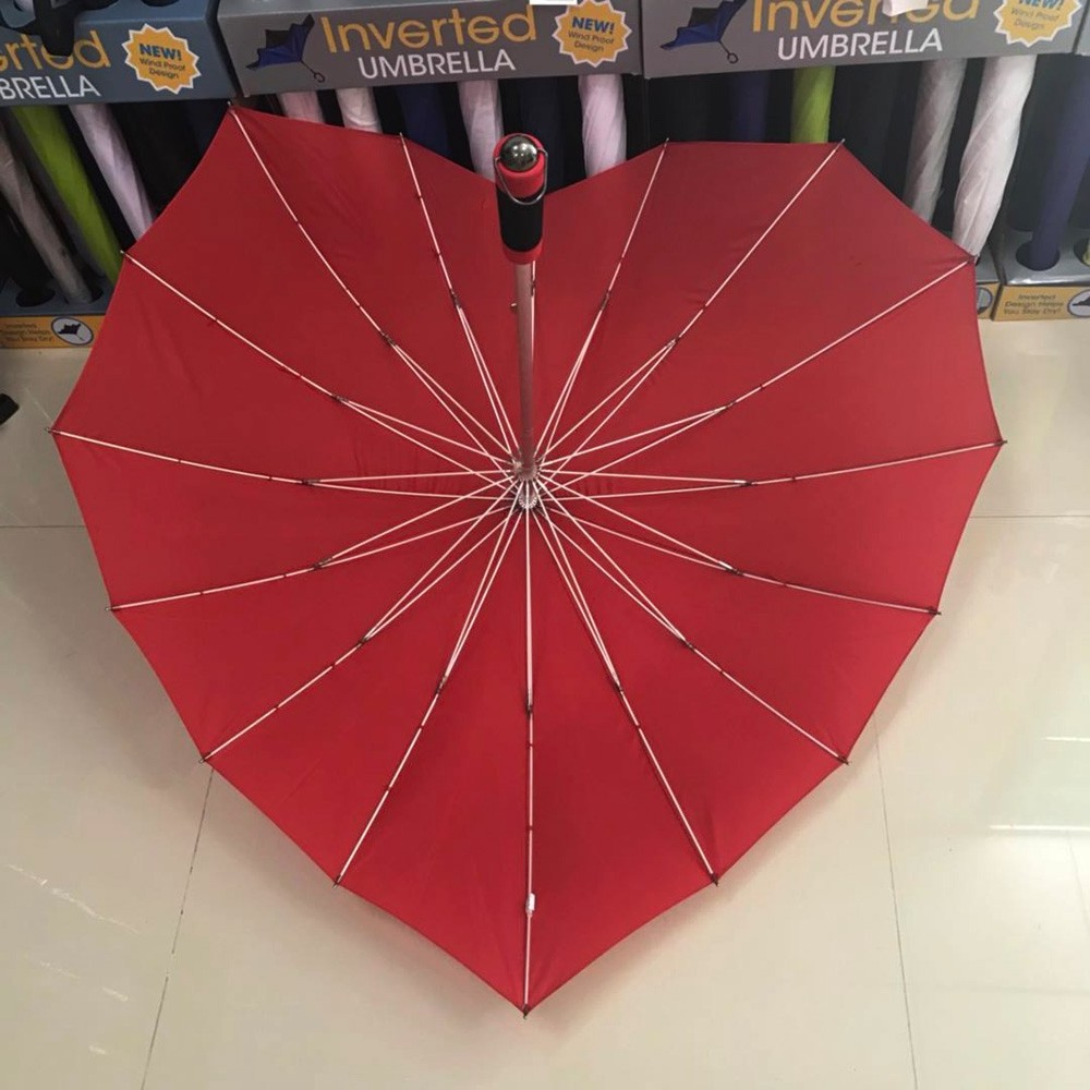 16 Ribs Straight Fiberglass Frame Red Color Heart Shape Umbrella