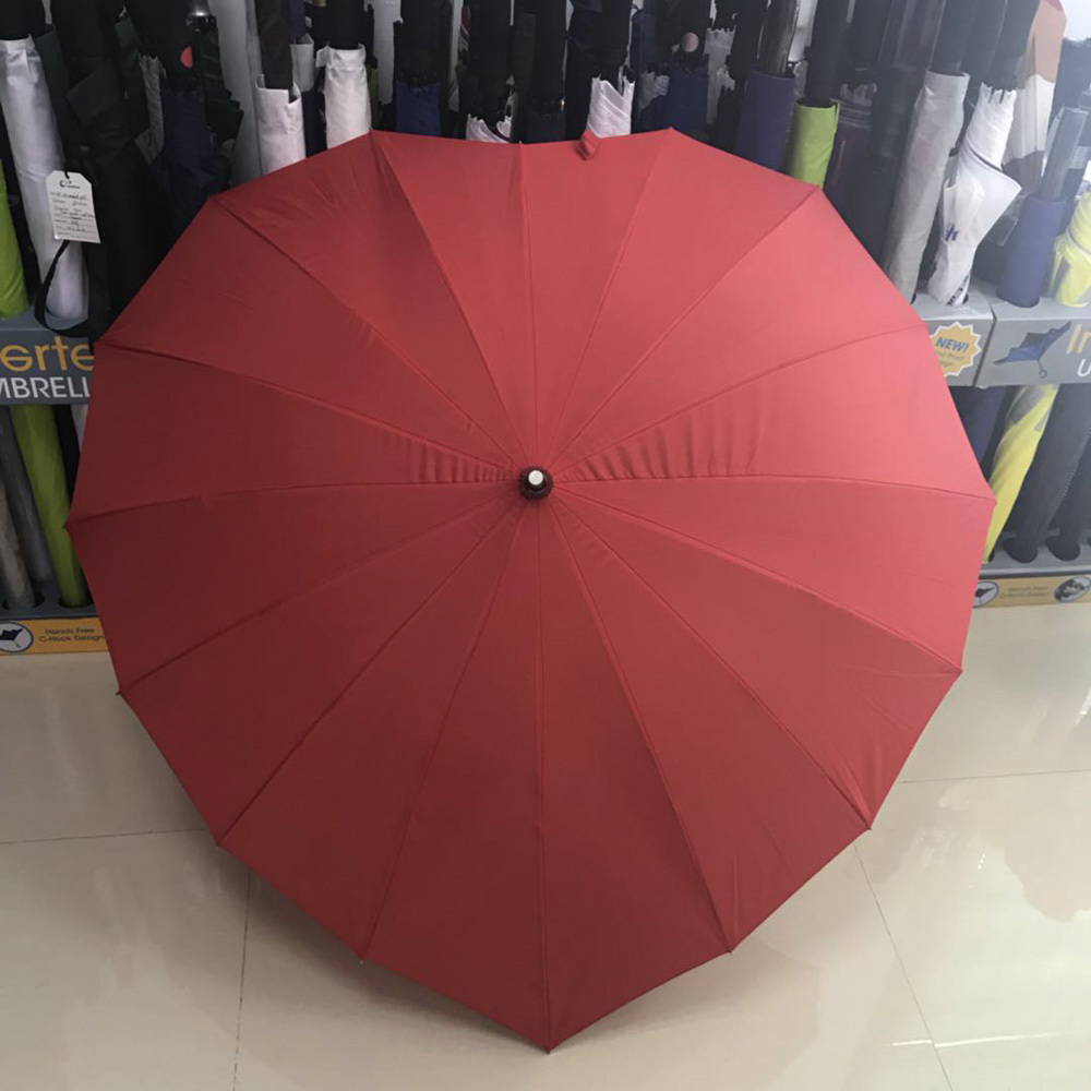 16 Ribs Straight Fiberglass Frame Red Color Heart Shape Umbrella