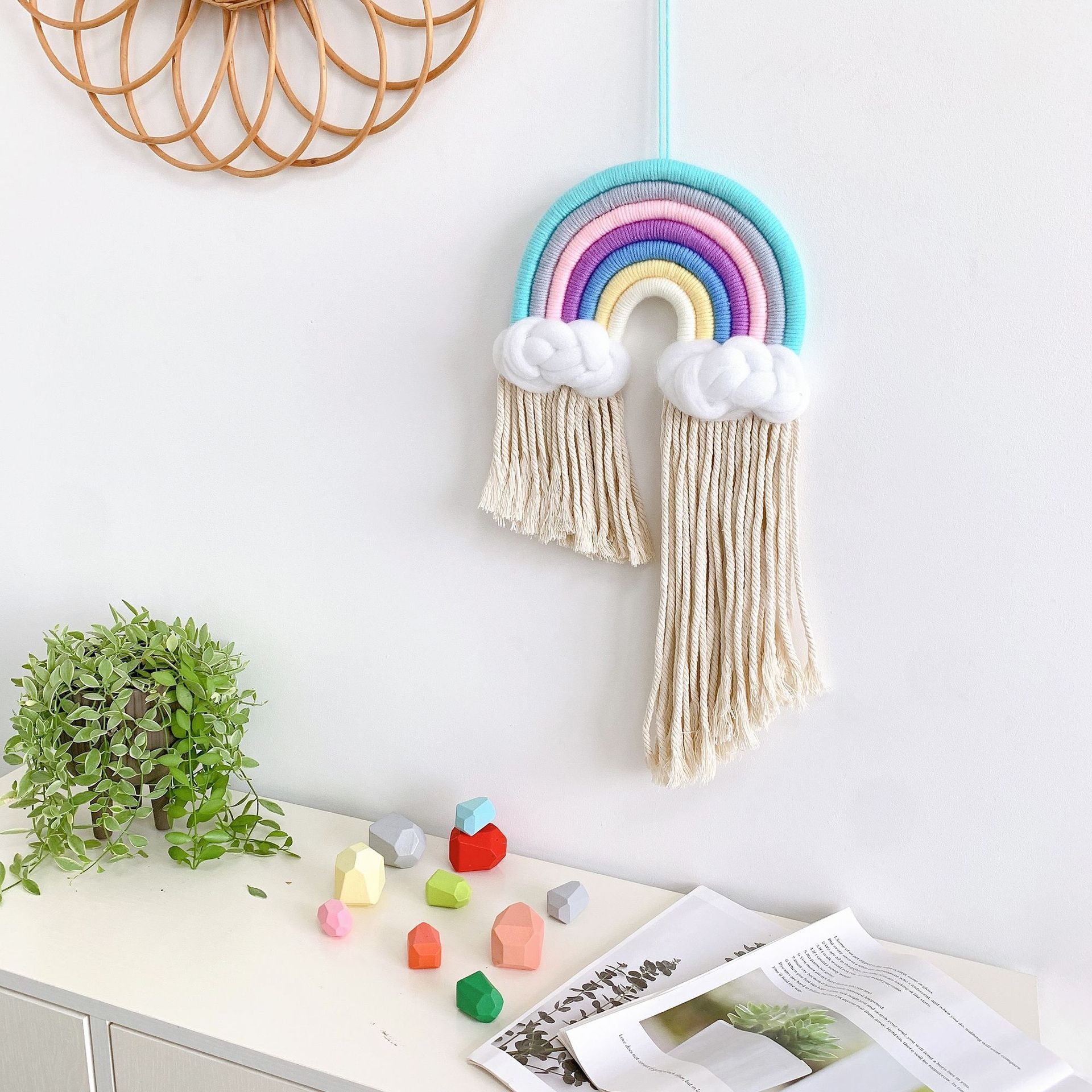 Ins Nordic Style Macrame Rainbow Wall Hanging Decorative Woven Rainbow Cloud Tassel Tapestry for Baby Shower Nursery Room Decor