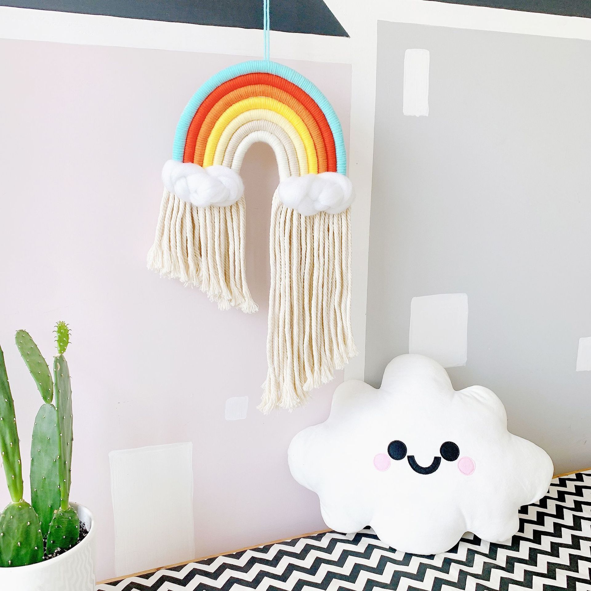 Ins Nordic Style Macrame Rainbow Wall Hanging Decorative Woven Rainbow Cloud Tassel Tapestry for Baby Shower Nursery Room Decor