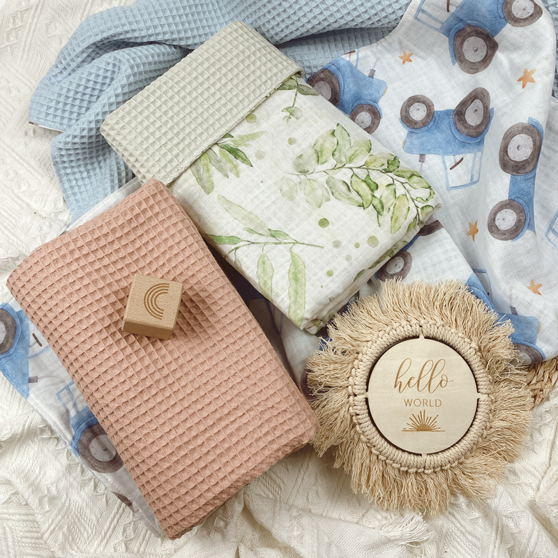 Newborn Muslin Cotton Waffle Swaddle Blanket Double Sided Neutral Baby Receiving Blanket Muslin Waffle Stroller Crib Blankets