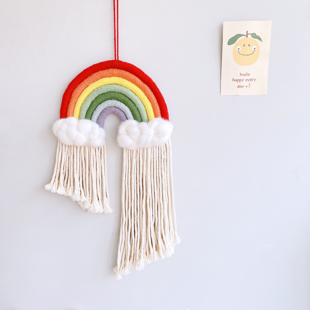 Ins Nordic Style Macrame Rainbow Wall Hanging Decorative Woven Rainbow Cloud Tassel Tapestry for Baby Shower Nursery Room Decor