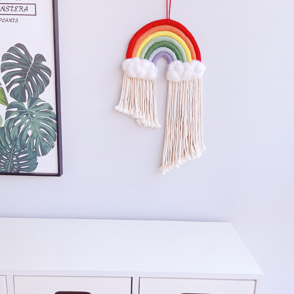 Ins Nordic Style Macrame Rainbow Wall Hanging Decorative Woven Rainbow Cloud Tassel Tapestry for Baby Shower Nursery Room Decor