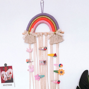 DIY Macrame Lace Tassel Bow Organizer Hair Bows Holder Rainbow Wall Hanging Decor Hair Clips Hanger for Baby Girls Room Decor