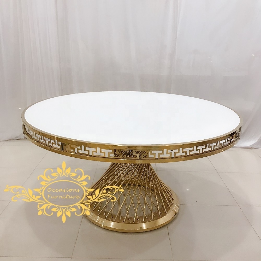 Popular design glass top stainless steel frame dining table small waist base round table for wedding decoration