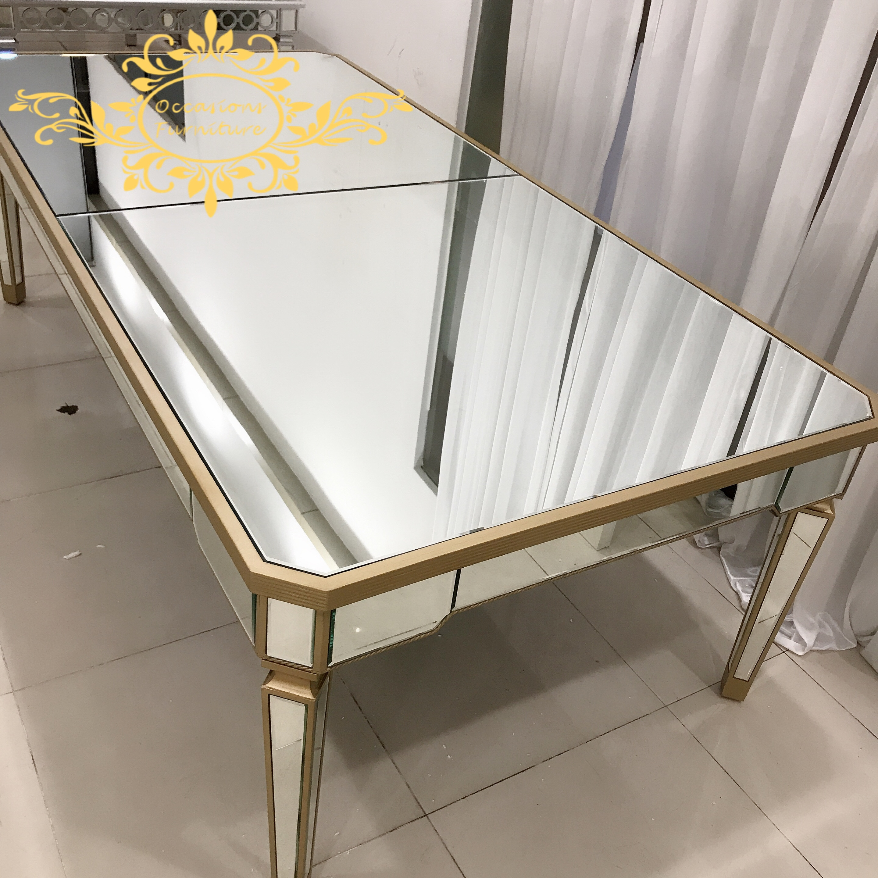 Stainless Steel Dining Table Rectangle Diamond Shape mirror top wedding table