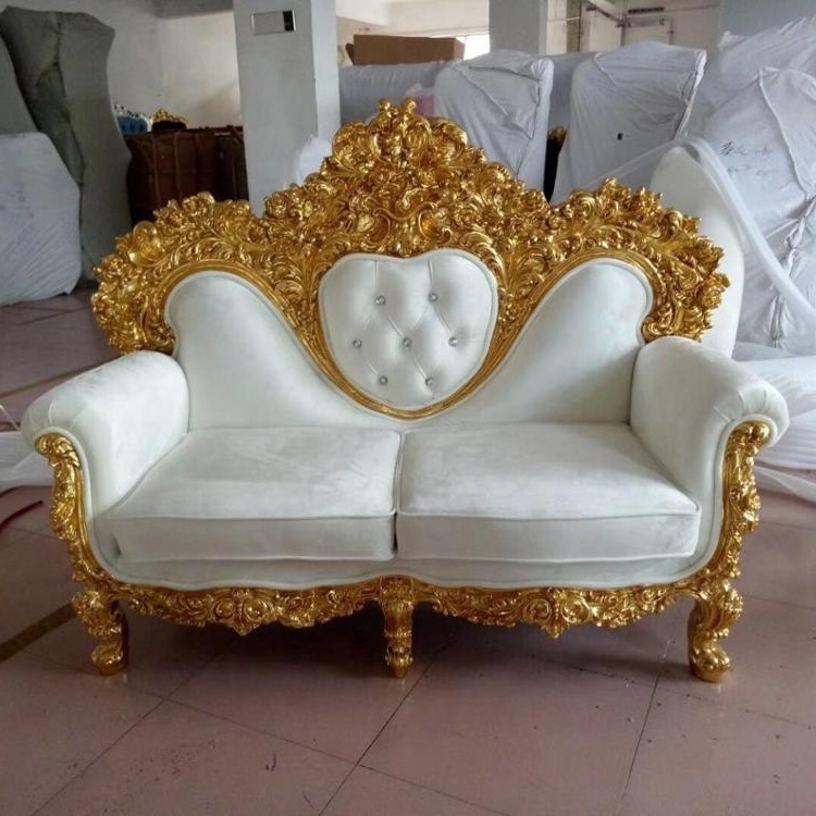 Heart Shape exquisite Cutting Design Wedding Couch Golden Wood Sofa Love Seat Wedding Events Hotel Bride Sofa