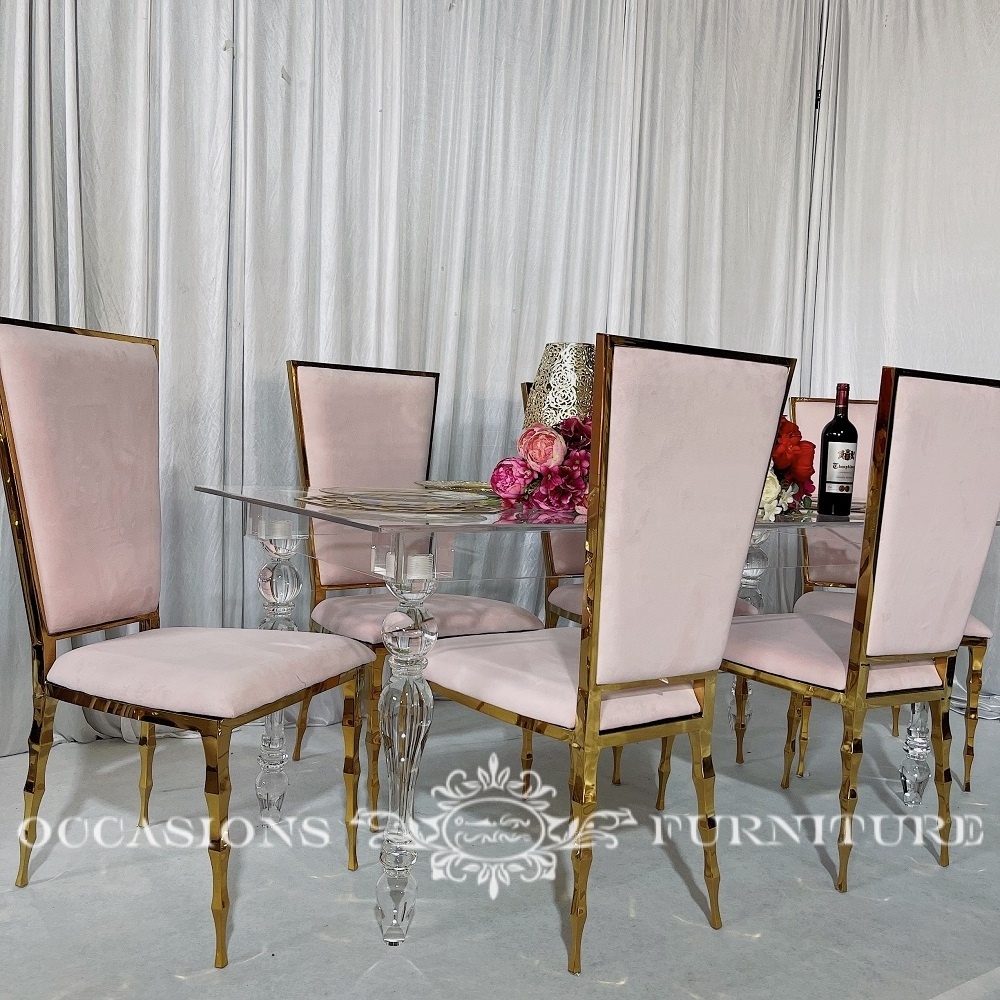 Pink Velvet Bamboo Legs Golden Wedding Chairs